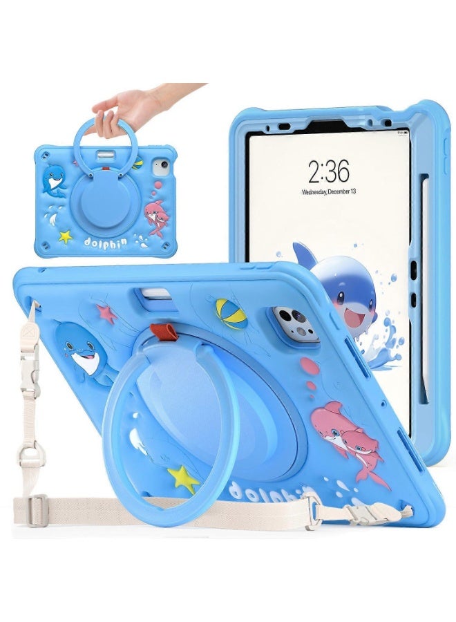 جراب لجهاز iPad Air 11 (2025/2024) / Pro 11 (2022) مقاس 10.9 بوصة للأطفال الأولاد، غطاء متين وقوي بتصميم بطة كرتونية لطيفة مع قلم + حامل دوار + حزام، أزرق - Image 1